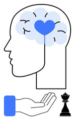 Outline of human head with heart and thought clouds open hand symbolizing offering help chess piece denoting strategy, intelligence. Ideal for psychology, strategy, decision-making, and wellness