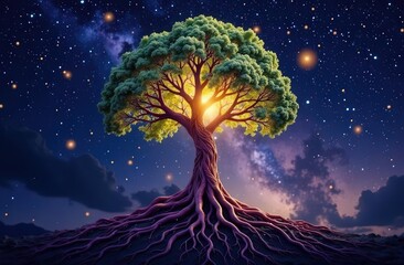 tree with roots made of tangled threads, representing thoughts and emotions