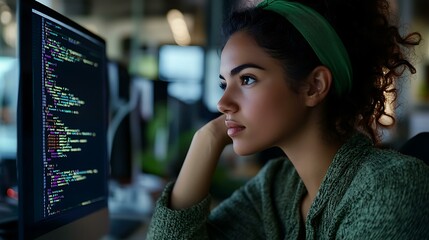 A young Latina coder working late in an office, adjusting her green headband while reviewing complex code