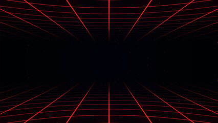 Retro perspective grid in infinity. Abstract landscape grid lines, background image. Digital wireframe background with lines in 80s and 90s style. Futuristic grid pattern. Vector illustration