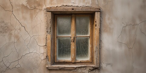 Aged window sits on a weathered and cracked plaster wall.