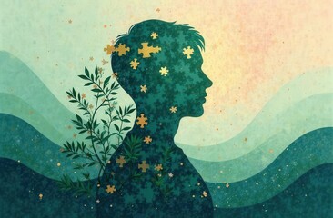 Abstract art symbolizing mental health: a human silhouette made of puzzle pieces, some missing, others coming together to form a complete picture. 