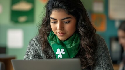 A young Latina software engineer focusing on her laptop screen, with a subtle green shamrock scarf around her neck