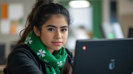 A young Latina software engineer focusing on her laptop screen, with a subtle green shamrock scarf around her neck