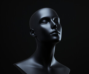 Minimal 3D Mannequin Bust with Smooth, Featureless Face, Isolated on a Black Background