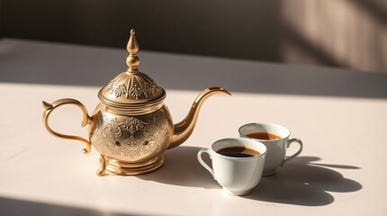 elegant Arabic coffee set featuring a golden dallah and two delicate cups filled with coffee