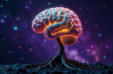 An abstract image of mental health: a glowing brain made of interconnected branches and roots, symbolizing the mind's connection to nature and growth. Colors: deep purple, emerald green, and gold. Bac