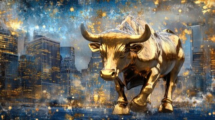 Golden Bull Amidst Urban Cityscape with Glowing Lights