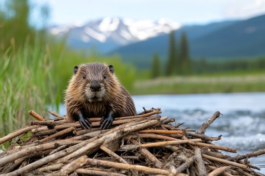 A beaver building a dam, stacking logs and branches in a rushing stream