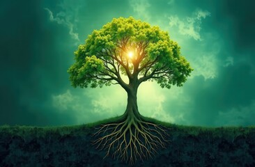 Abstract visualization of health: a tree with roots symbolizing various aspects of medicine (physical, mental, emotional health), and branches that go into a bright sky. Colors: green, blue and gold. 