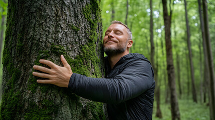 Handsome young man in the forest, enjoying a summer day outdoors and smiling cheerfully.