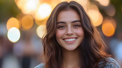 Fototapeta premium Young and attractive woman smiling outdoors, showcasing confidence and joy with a modern style.
