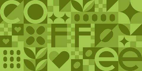 Abstract geometric pattern with green coffee. Healthy food, weight loss product. Geometric mosaic seamless background with coffee beans and leaves for cafe design, menu or shop, vector illustration