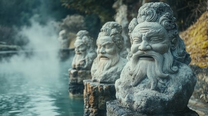 Fototapeta premium Ancient stone busts by hot spring, misty mountain background