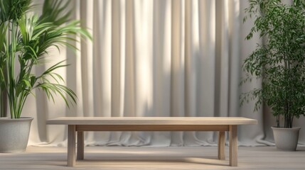 Fototapeta premium An inviting wooden table stands empty, surrounded by soft curtains and vibrant plants. The blurred background enhances the calm atmosphere, perfect for a cozy gathering or reflection