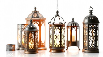 set of Ramadan lanterns, showcasing intricate metal cutouts and warm light emanating from glass panels