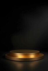 Gold circular podium, minimalist display, dark background, dramatic lighting, product showcase, luxury presentation, metallic sheen, sleek design, shadowy atmosphere, high contrast, studio setup