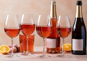 Naklejka premium ロゼワイングラス輝き夕日色 上品なテーブルセッティング. AI Generated