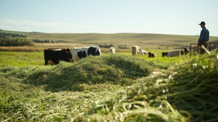 Farmer observing cows feeding on hay in a grassy field