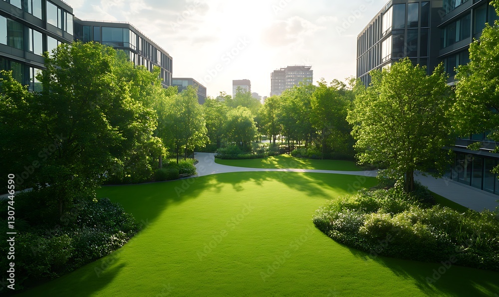 Poster lush green park in an urban setting with sunlight filtering through trees and modern buildings.