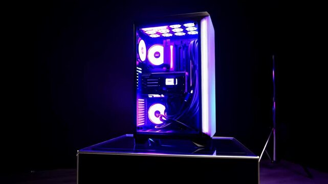 Multicolored rgb illumination shifting inside sleek computer tower, black backdrop