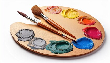 wooden art palette blobs paint brushes wooden art palette with blobs of paint and a brushes on white background
