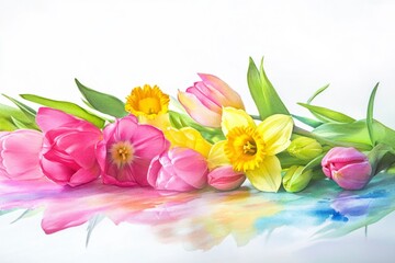 Fototapeta premium Watercolor Painting of Pink Tulips and Yellow Daffodils with Vibrant Reflection on White Background