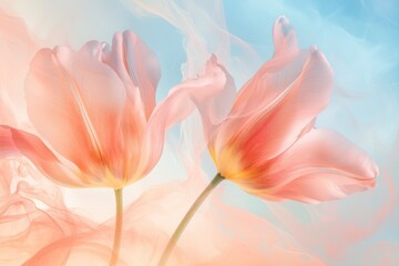 Obraz premium Pastel Tulips with Flowing Orange Paint Effect - Delicate Floral Beauty on Light Blue Background
