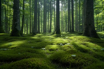 Obraz premium Enchanted Green Forest with Lush Moss and Sunlight Filtering Through Tall Trees