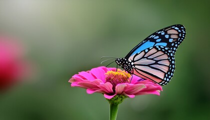 blue tiger butterfly on a pink zinnia flower with green background