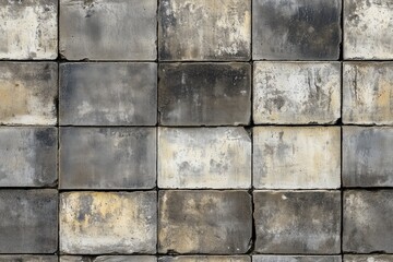 Fototapeta premium Seamless dirty cinder block weathered concrete block wall with visible stains and texture.