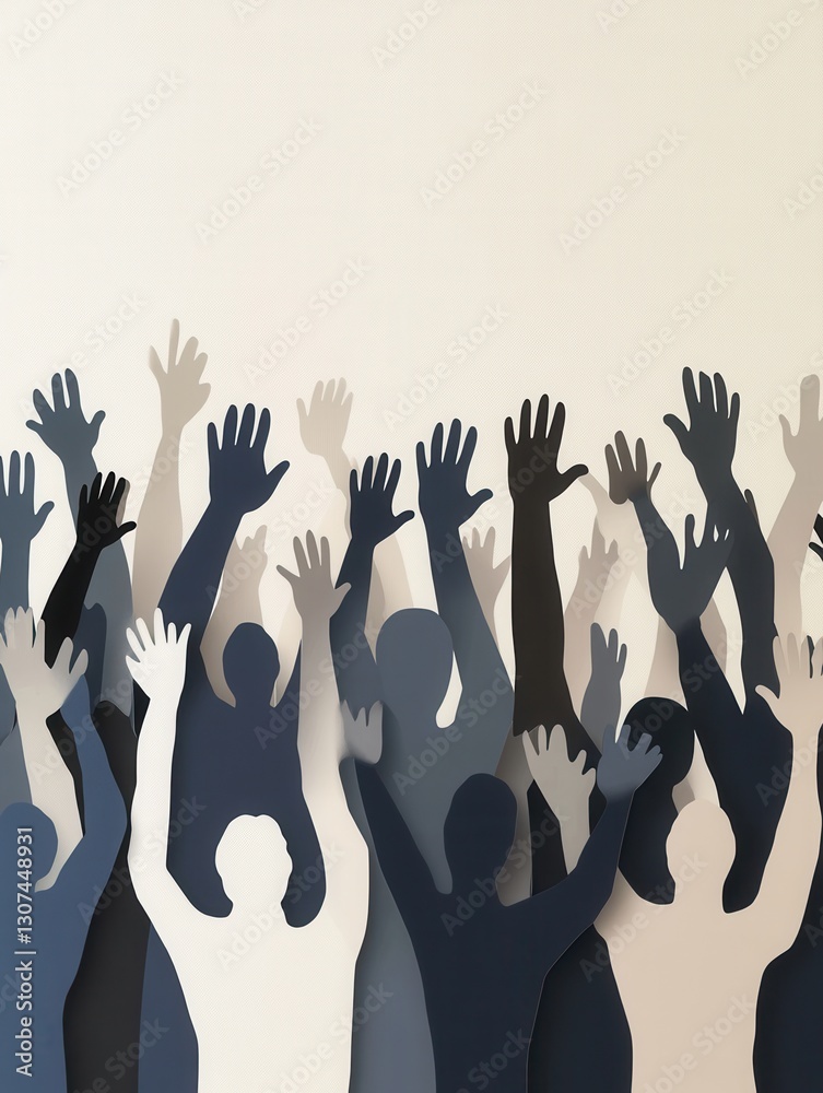 Poster Unity and collaboration represented through stylized silhouettes of people with raised hands in a modern design Generative AI