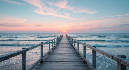 A serene seaside walkway leading to the ocean with the sun setting on the horizon casting a golden reflection on the water.
