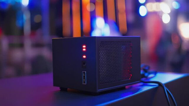 Small black mini computer placed on a table at an entertainment event, with blurred colorful lights in the background creating a bokeh effect