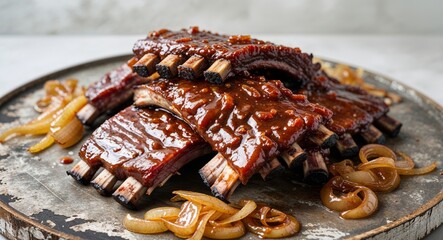 Fototapeta premium Savory barbecue ribs served with onions on a rustic wooden platter