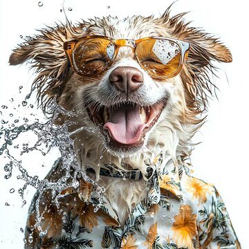 Happy dog splashing in water, wearing sunglasses.