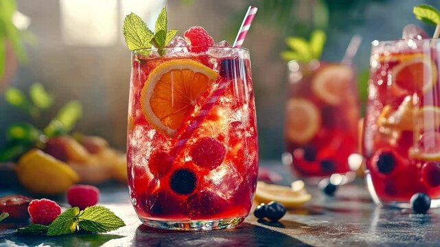 Fruit and berry cocktail with ice. Selective focus