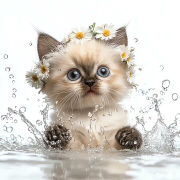 Kitten splashing playfully in water.