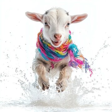 Playful goat splashing in colorful scarf