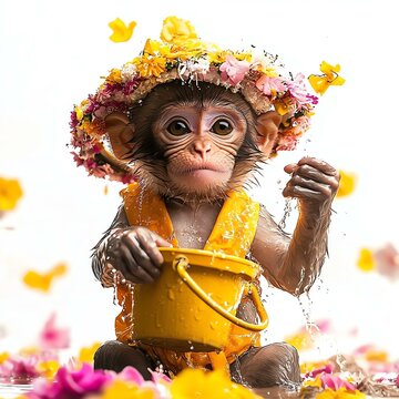 Playful monkey wearing a floral hat and bucket.