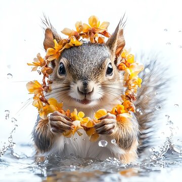 Squirrel adorned with a floral crown in water.