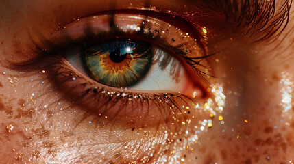 A stunning macro photograph of a woman's eye, capturing intricate iris details in shades of blue, green, and amber. The eye reflects a soft light, adding depth and realism. The surrounding skin featur