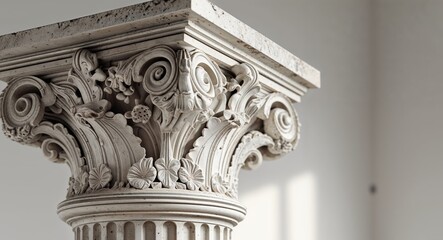 Intricate Carved Column Capital with Floral and Scroll Designs