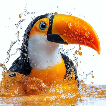 Vibrant toucan splashing in orange water.