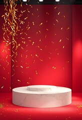 White marble pedestal, red backdrop, golden confetti falling, product display, studio lighting, minimalist setup, festive atmosphere