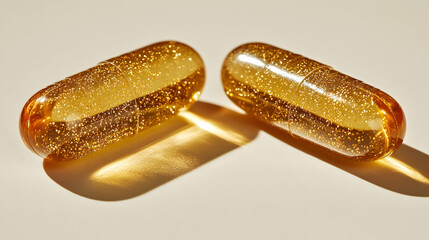 Two Shiny Gold Capsules on Beige Background