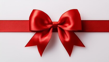 a large red ribbon bow on the left of a long straight piece of ribbon to be used as a birthday or christmas banner border isolated against a transparent background