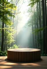 Mystical forest altar, wooden circular platform, sunbeams through towering trees, misty atmosphere