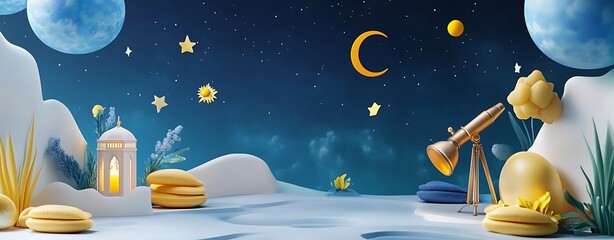 Naklejka premium Islamic background, Gift box, lantern, gold crescent moon on white. Design concept of ramadan kareem, mawlid, iftar,isra and miraj or eid al fitr adha, copy space text area, 3D illustration.
