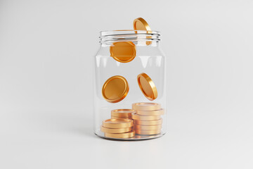 Gold coins falling into empty glass bottle money saving concept 3d rendering.